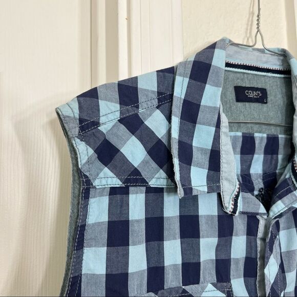 Colin’s Mens Sleeveless Button Down Blue Checkered Plaid Shirt Surfing Bay Large - Picture 6 of 11
